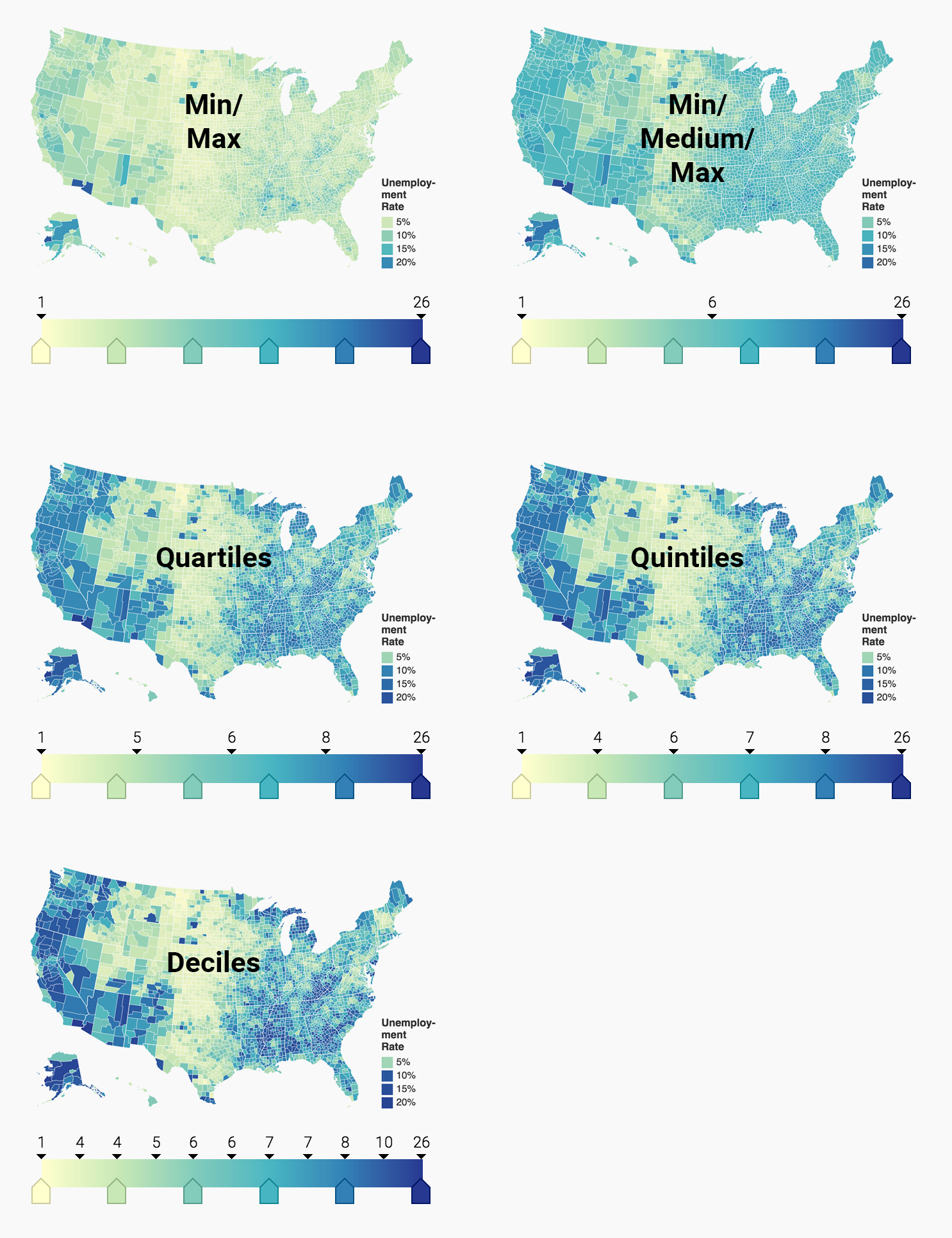 Three maps showing same data with different classification methods