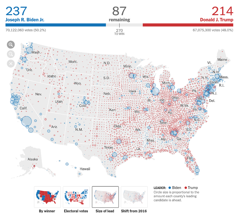 NYT 2020 Election: Size of Lead (proportional symbols)