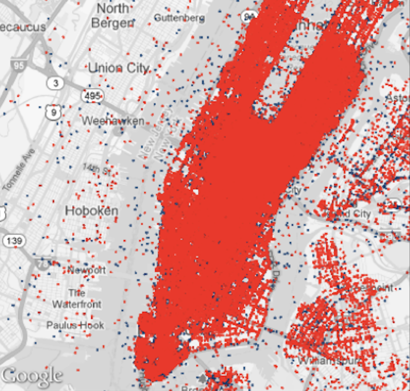 Static heatmap of 140 million NYC taxi trips
