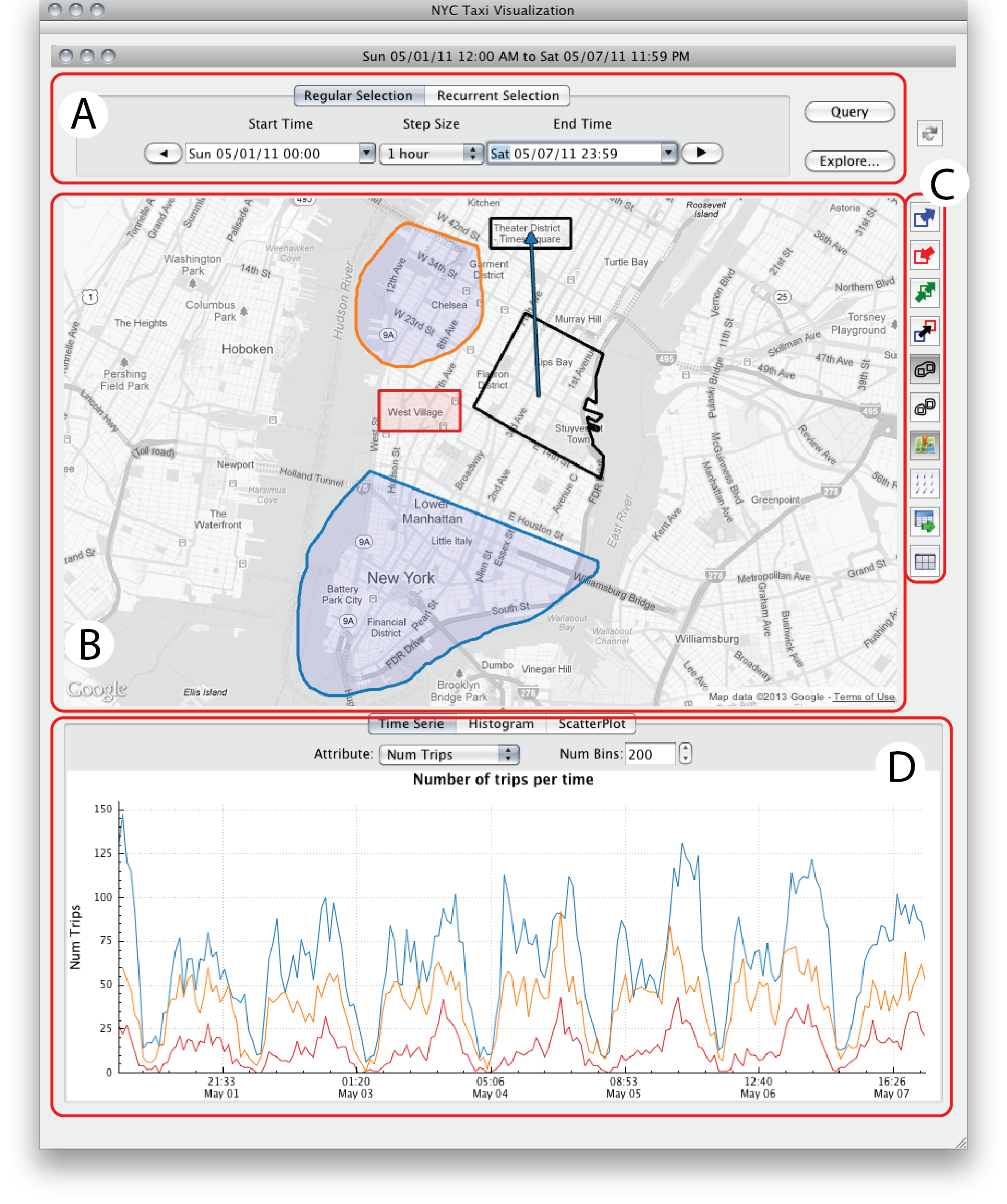 TaxiVis interface showing visual query components