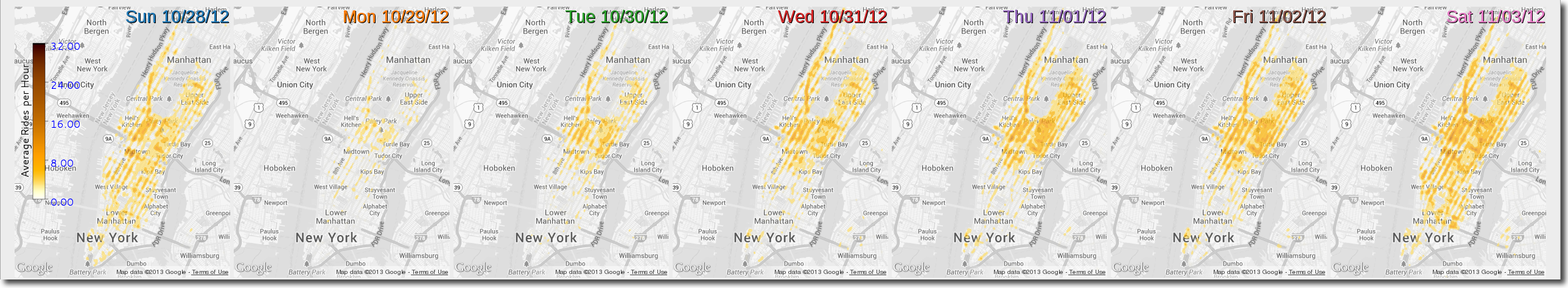 Daily heat maps showing Hurricane Sandy impact
